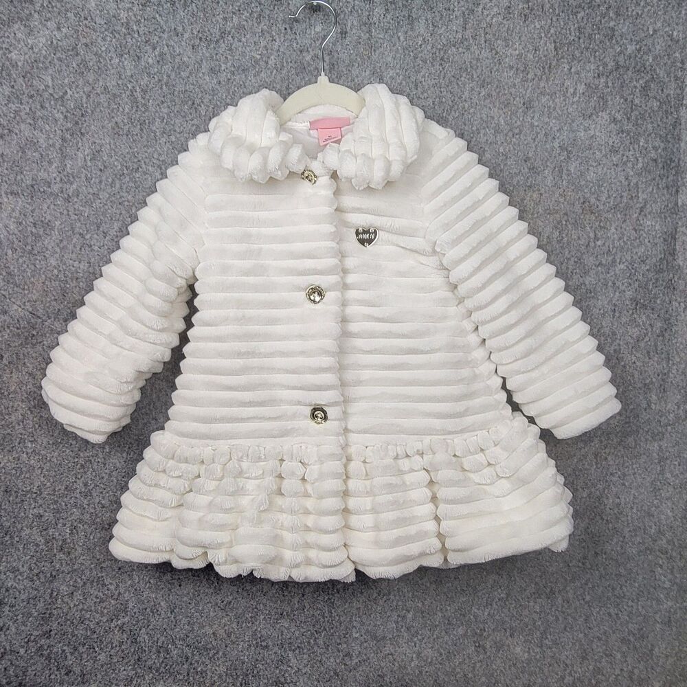 Juicy Couture Kids Fluffy Ribbed Faux Fur Soft White Gold Buttons Jacket Size 3T
